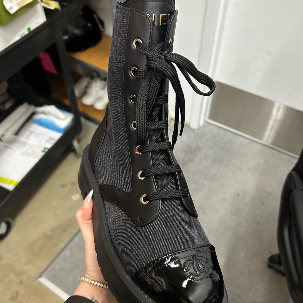 CHANEL Black and Gray Combat Boots - Picture 2 of 3